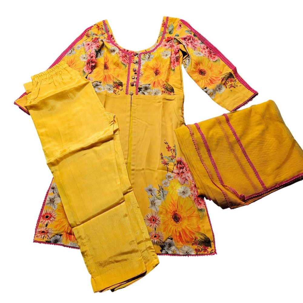 NWOT Yellow Floral Salwar Kameez 3 Piece Set Sunflower Pink Lace Trim Tunic Pant